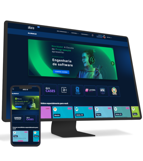 Computador e celular mostrando as plataformas da Alura